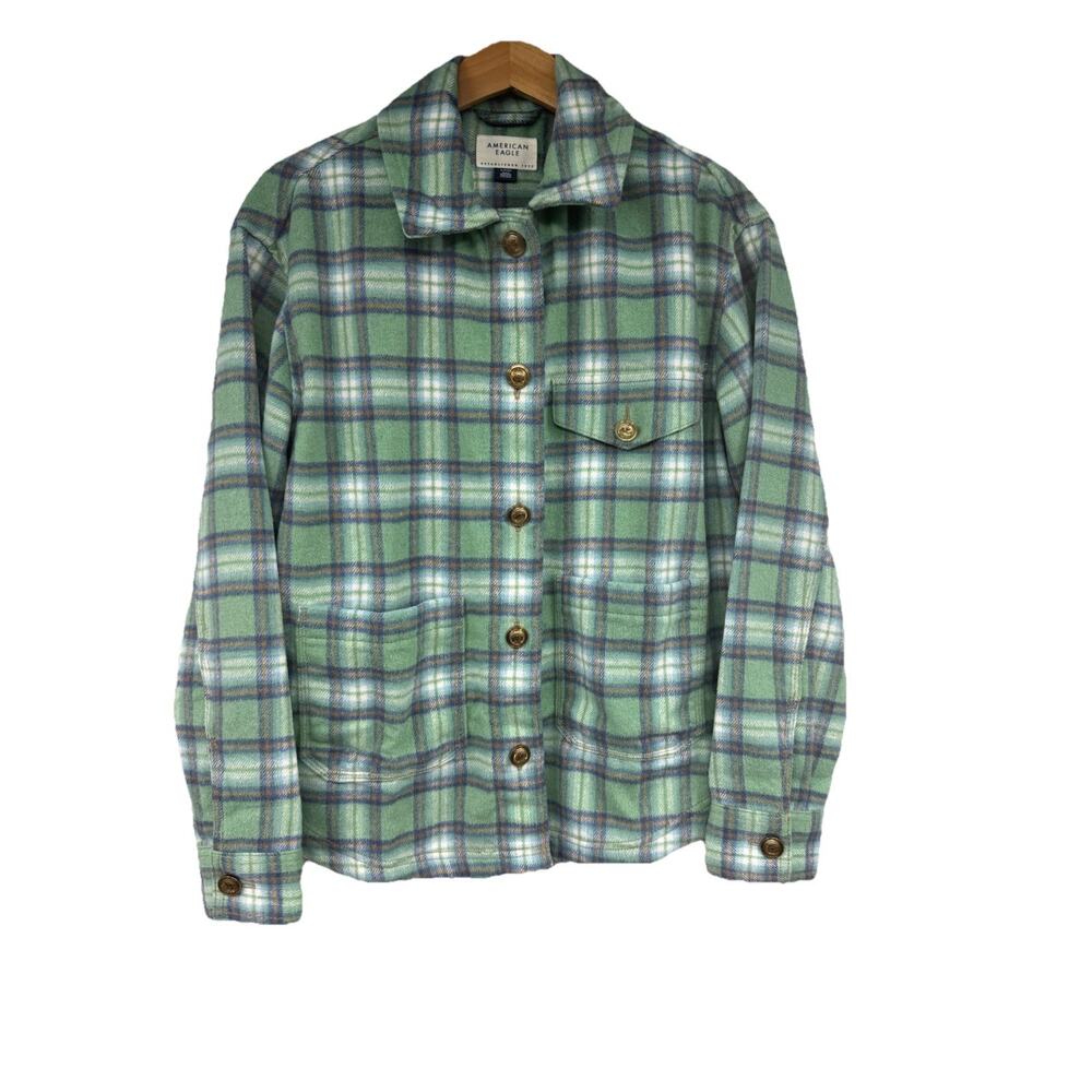 American Eagle Green Plaid Shacket Jacket Wool Blend Oversized Womens Small